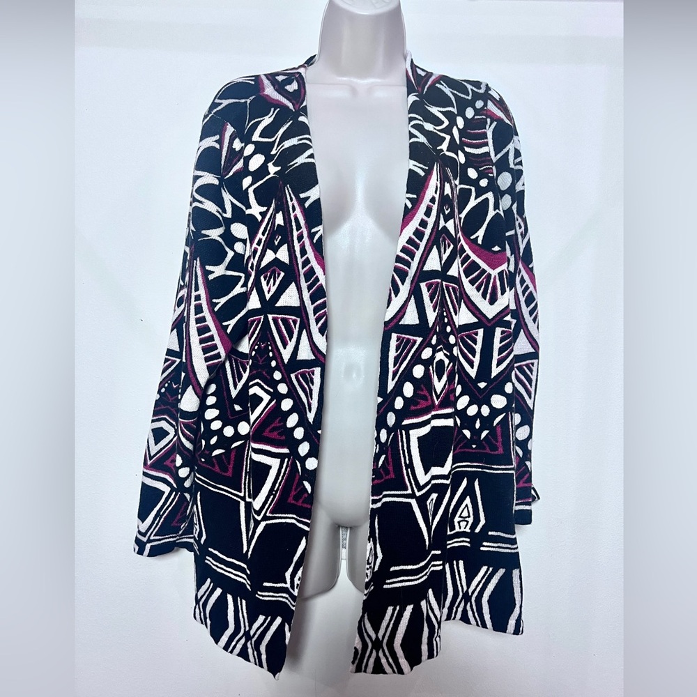 Chico's Tribal Geometric Funky Artsy Black and White Open Front Sweater